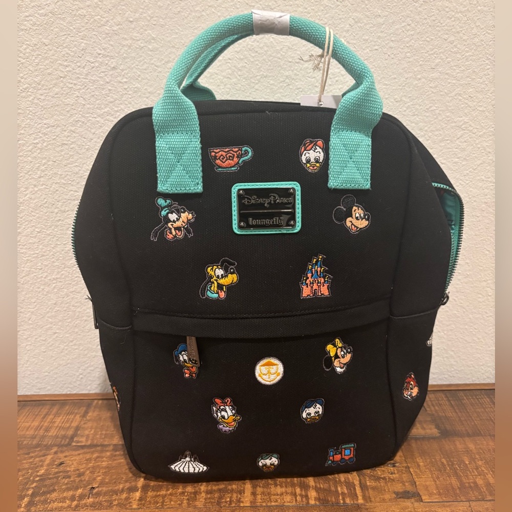 Loungefly Black and Teal Backpack with Character Print- Disney Parks
